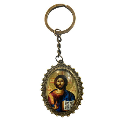Bronze keychain with Jesus Christ and glass icon