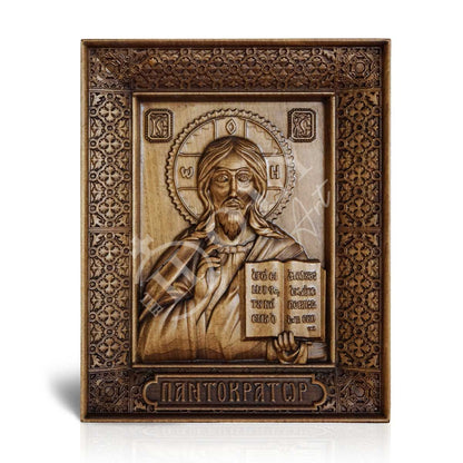 Jesus Christ icon Pantocrator, Handmade Hand Carved Wooden Greek Orthodox icon of our Lord, Byzantine art wall hanging on wood plaque religious icon home decor - TheHolyArt