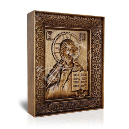 Jesus Christ icon Pantocrator, Handmade Hand Carved Wooden Greek Orthodox icon of our Lord, Byzantine art wall hanging on wood plaque religious icon home decor - TheHolyArt