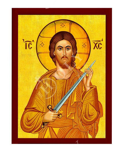 Jesus Christ icon the Swordbearer, Handmade Greek Orthodox icon of our Lord, Byzantine art wall hanging on wood plaque, religious gift - TheHolyArt