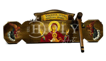 Christian Semantron with Virgin Mary Platytera, Handmade Mount Athos wooden Simantron Orthodox Icon semandron religious plaque gift 40x22cm - TheHolyArt