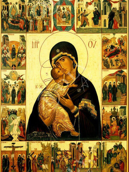 Virgin Mary icon Panagia Life of Jesus Christ, Handmade Greek Orthodox Icon, Mother of God Byzantine art, Theotokos wall hanging wood plaque - TheHolyArt