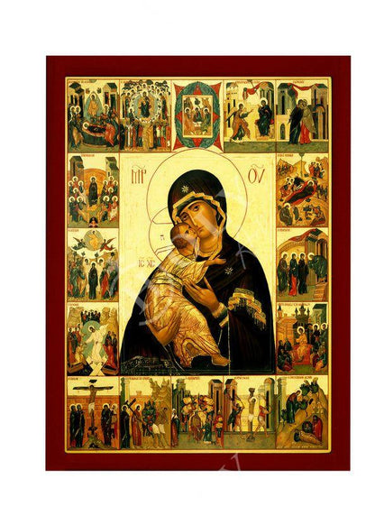 Virgin Mary icon Panagia Life of Jesus Christ, Handmade Greek Orthodox Icon, Mother of God Byzantine art, Theotokos wall hanging wood plaque - TheHolyArt