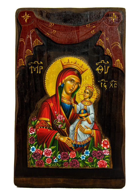 Virgin Mary icon Panagia Rose Amaranth, Handmade Greek Orthodox Icon, Mother of God Byzantine art Theotokos wall hanging wood plaque TheHolyArt