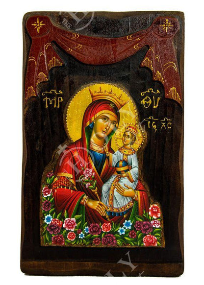 Virgin Mary icon Panagia Rose Amaranth, Handmade Greek Orthodox Icon, Mother of God Byzantine art Theotokos wall hanging wood plaque - TheHolyArt