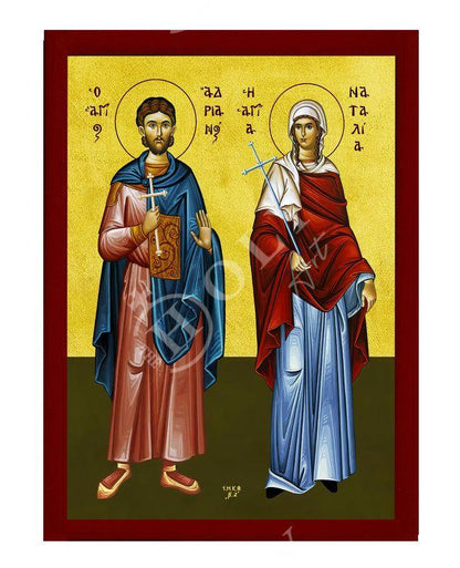 Saints Adrian & Natalia icon, Handmade Greek Orthodox icon of St Adrian and Natalia, Byzantine art wall hanging wood plaque, religious gift - TheHolyArt