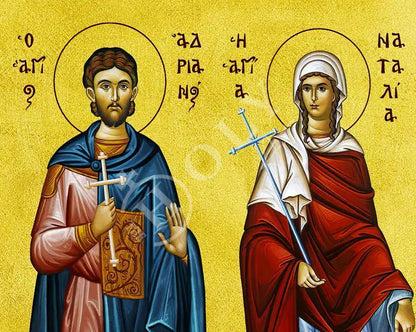 Saints Adrian & Natalia icon, Handmade Greek Orthodox icon of St Adrian and Natalia, Byzantine art wall hanging wood plaque, religious gift - TheHolyArt