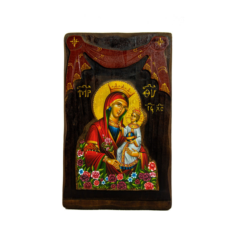 Virgin Mary icon Panagia Rose Amaranth, Handmade Greek Orthodox Icon, Mother of God Byzantine art Theotokos wall hanging wood plaque TheHolyArt