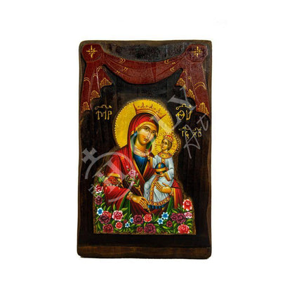 Virgin Mary icon Panagia Rose Amaranth, Handmade Greek Orthodox Icon, Mother of God Byzantine art Theotokos wall hanging wood plaque - TheHolyArt