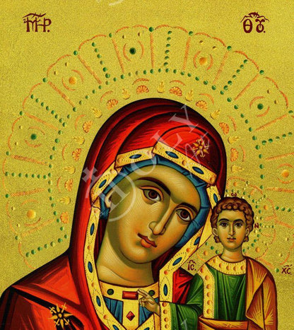 Virgin Mary icon Panagia of Kazan, Handmade Greek Orthodox Icon, Mother of God Byzantine art, Theotokos wall hanging wood plaque (2) - TheHolyArt