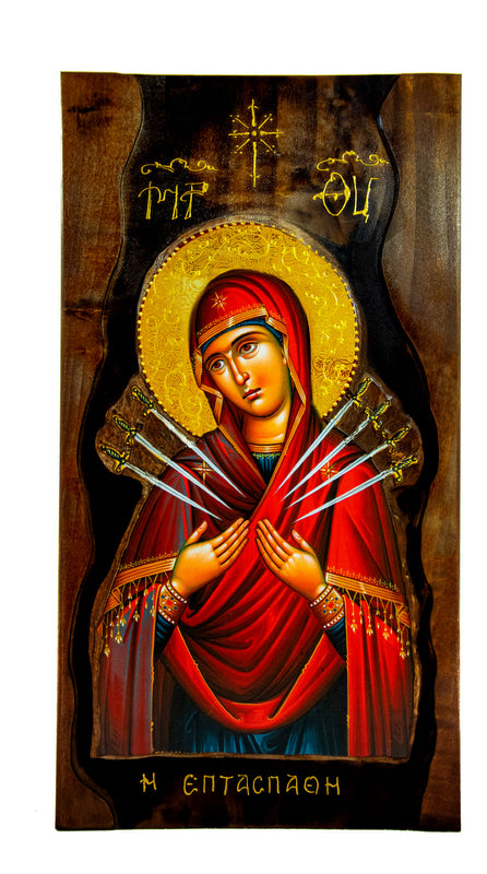 Virgin Mary icon Panagia of Seven Swords Handmade Greek Orthodox Icon of Theotokos Mother of God Byzantine art wall hanging wood plaque gift TheHolyArt