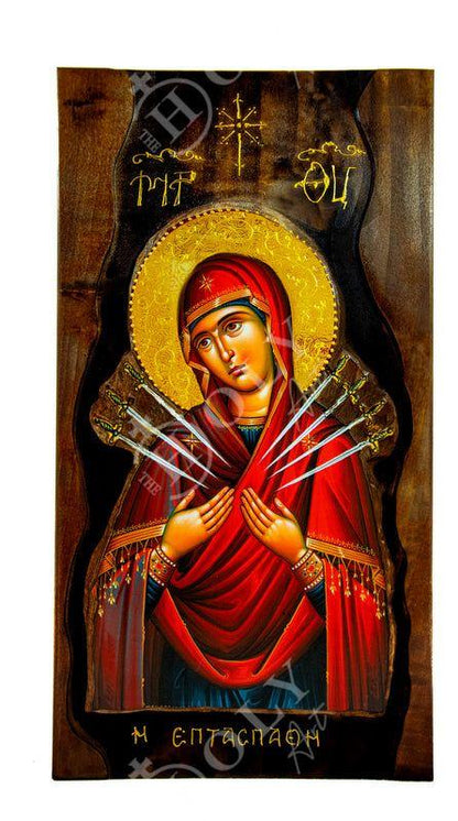 Virgin Mary icon Panagia of Seven Swords Handmade Greek Orthodox Icon of Theotokos Mother of God Byzantine art wall hanging wood plaque gift - TheHolyArt