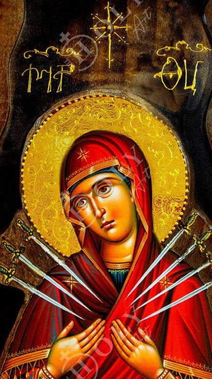 Virgin Mary icon Panagia of Seven Swords Handmade Greek Orthodox Icon of Theotokos Mother of God Byzantine art wall hanging wood plaque gift - TheHolyArt
