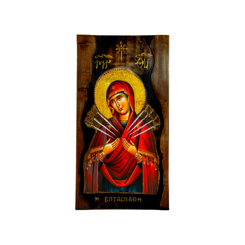 Virgin Mary icon Panagia of Seven Swords Handmade Greek Orthodox Icon of Theotokos Mother of God Byzantine art wall hanging wood plaque gift TheHolyArt