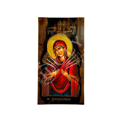 Virgin Mary icon Panagia of Seven Swords Handmade Greek Orthodox Icon of Theotokos Mother of God Byzantine art wall hanging wood plaque gift - TheHolyArt