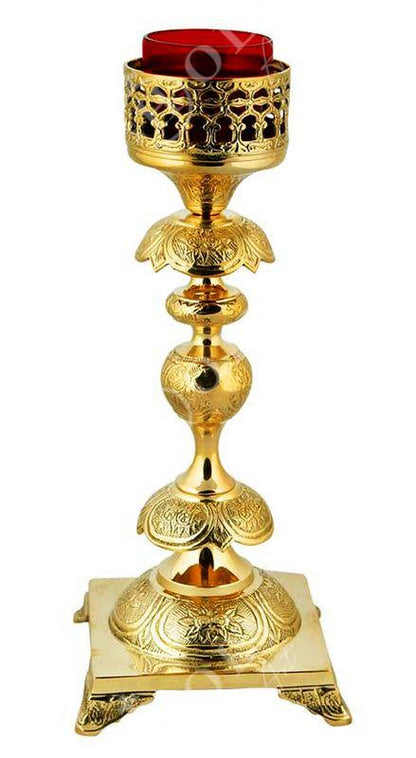 Christian Brass Table Oil Vigil Lamp with Cross, Hand-painted Prayer Standing Oil Lamp, Orthodox Oil Candle with glass cup, religious decor - TheHolyArt