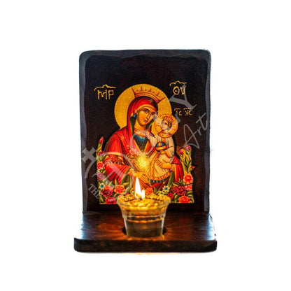 Christian Iconostasis with Virgin Mary Rose Amaranth, Handmade Mount Athos Orthodox shrine with Our Lady, Panagia Byzantine altar wall hanging wood plaque - TheHolyArt