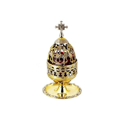 Christian Brass Table Oil Vigil Lamp with Cross, Hand-painted Prayer Standing Oil Lamp, Orthodox Oil Candle with glass cup, religious decor (3) - TheHolyArt