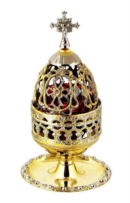 Christian Brass Table Oil Vigil Lamp with Cross, Hand-painted Prayer Standing Oil Lamp, Orthodox Oil Candle with glass cup, religious decor - TheHolyArt