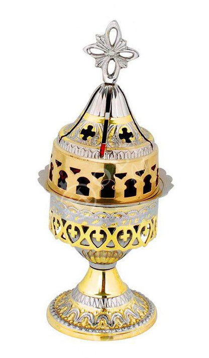 Christian Brass Table Oil Vigil Lamp with Cross, Hand-painted Prayer Standing Oil Lamp, Orthodox Oil Candle with glass cup, religious decor - TheHolyArt
