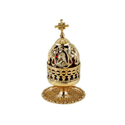 Christian Brass Table Oil Vigil Lamp with Cross, Hand-painted Prayer Standing Oil Lamp, Orthodox Oil Candle with glass cup, religious decor (2) - TheHolyArt