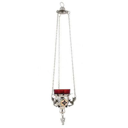 Christian Brass Hanging Oil Vigil Lamp with Cross, Nickel plated Prayer Hanging Oil Lamp, Orthodox Oil Candle with glass cup, religious decor - TheHolyArt