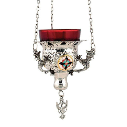 Christian Brass Hanging Oil Vigil Lamp with Cross, Nickel plated Prayer Hanging Oil Lamp, Orthodox Oil Candle with glass cup, religious decor - TheHolyArt