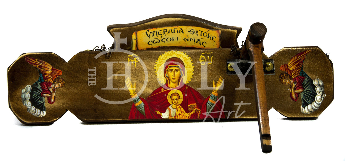 Christian Semantron with Virgin Mary Platytera, Handmade Mount Athos wooden Simantron Orthodox Icon semandron religious plaque gift 40x22cm TheHolyArt