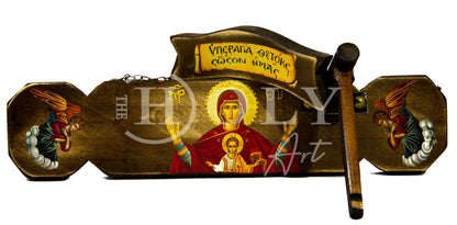 Christian Semantron with Virgin Mary Platytera, Handmade Mount Athos wooden Simantron Orthodox Icon semandron religious plaque gift 40x22cm - TheHolyArt