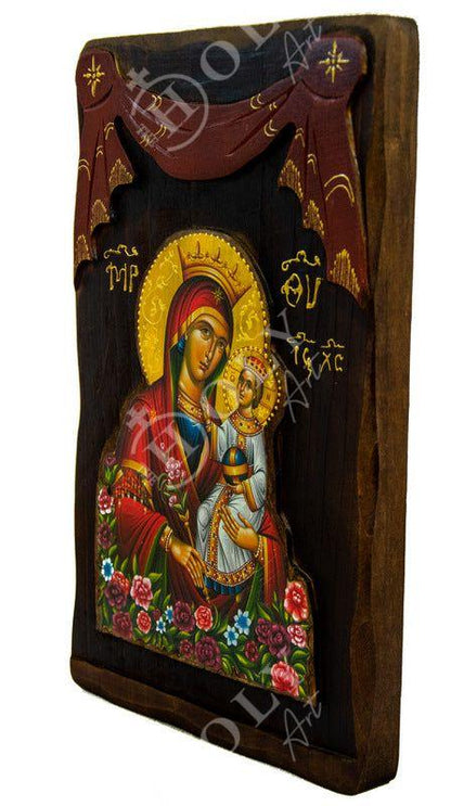 Virgin Mary icon Panagia Rose Amaranth, Handmade Greek Orthodox Icon, Mother of God Byzantine art Theotokos wall hanging wood plaque - TheHolyArt