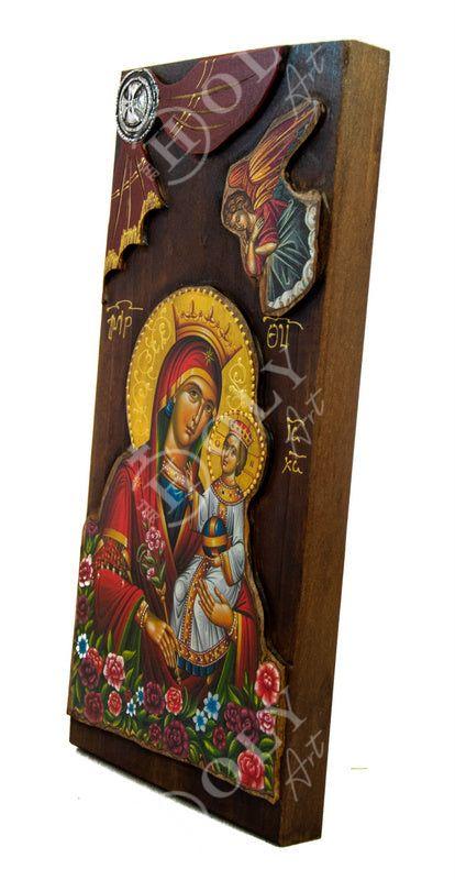 Virgin Mary icon Panagia Rose Amaranth, Handmade Greek Orthodox Icon, Mother of God Byzantine art Theotokos wall hanging wood plaque 38x18cm - TheHolyArt
