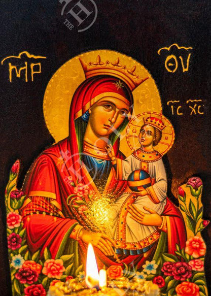 Christian Iconostasis with Virgin Mary Rose Amaranth, Handmade Mount Athos Orthodox shrine with Our Lady, Panagia Byzantine altar wall hanging wood plaque - TheHolyArt