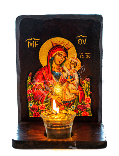 Christian Iconostasis with Virgin Mary Rose Amaranth, Handmade Mount Athos Orthodox shrine with Our Lady, Panagia Byzantine altar wall hanging wood plaque - TheHolyArt