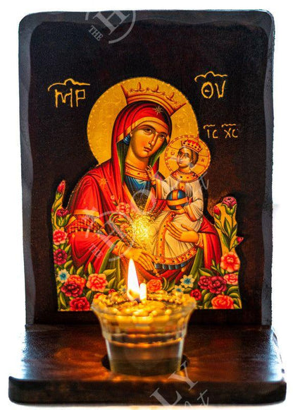Christian Iconostasis with Virgin Mary Rose Amaranth, Handmade Mount Athos Orthodox shrine with Our Lady, Panagia Byzantine altar wall hanging wood plaque - TheHolyArt