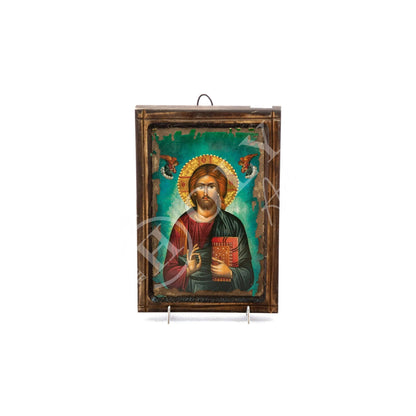 Jesus Christ icon Pantocrator, Handmade Greek Orthodox icon of our Lord, Byzantine art wall hanging canvas wood plaque 29x20cm, wedding gift - TheHolyArt