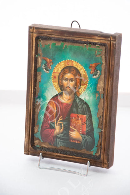 Jesus Christ icon Pantocrator, Handmade Greek Orthodox icon of our Lord, Byzantine art wall hanging canvas wood plaque 29x20cm, wedding gift - TheHolyArt
