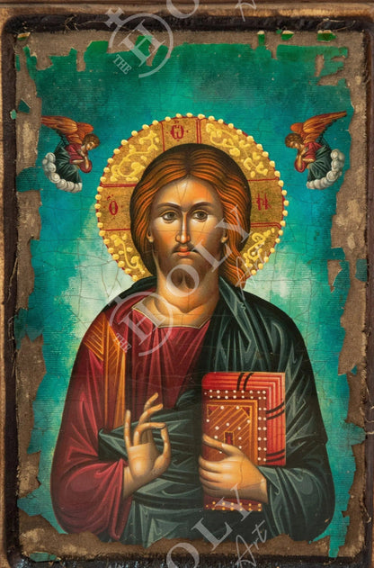 Jesus Christ icon Pantocrator, Handmade Greek Orthodox icon of our Lord, Byzantine art wall hanging canvas wood plaque 29x20cm, wedding gift - TheHolyArt