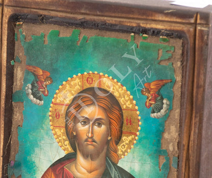 Jesus Christ icon Pantocrator, Handmade Greek Orthodox icon of our Lord, Byzantine art wall hanging canvas wood plaque 29x20cm, wedding gift - TheHolyArt