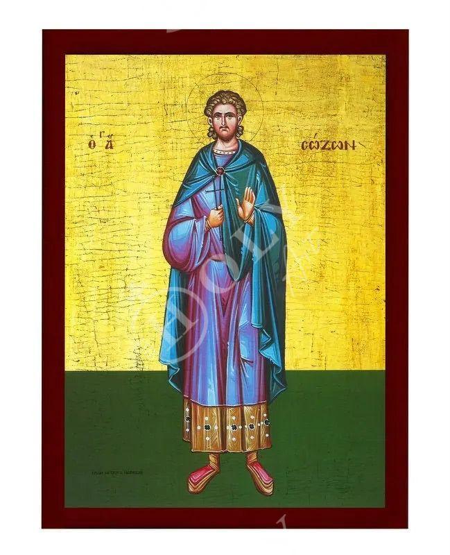 Saint Sozon icon, Handmade Greek Orthodox icon St Sozon of Lemnos, Byzantine art wall hanging on wood plaque icon, religious decorTheHolyArt