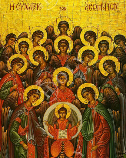 Synaxis of the Archangels icon, Handmade Greek Orthodox Icon of the Gathering of the Archangels, Byzantine art wall hanging wood plaque - TheHolyArt