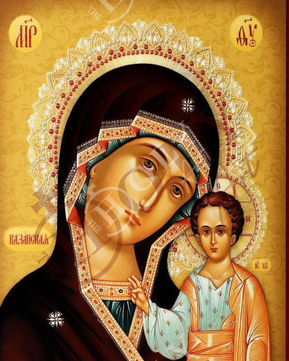 Virgin Mary icon Panagia of Kazan, Handmade Greek Orthodox Icon, Mother of God Byzantine art, Theotokos wall hanging wood plaque - TheHolyArt