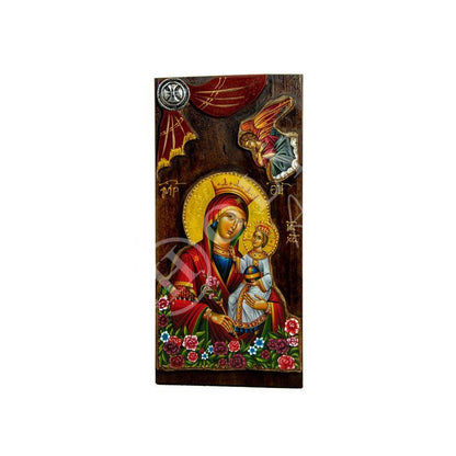 Virgin Mary icon Panagia Rose Amaranth, Handmade Greek Orthodox Icon, Mother of God Byzantine art Theotokos wall hanging wood plaque 38x18cm - TheHolyArt