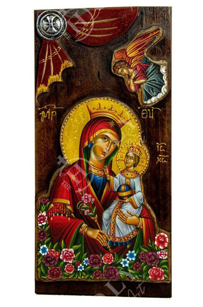 Virgin Mary icon Panagia Rose Amaranth, Handmade Greek Orthodox Icon, Mother of God Byzantine art Theotokos wall hanging wood plaque 38x18cm - TheHolyArt