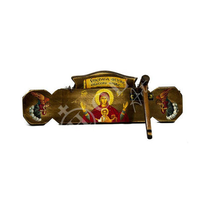 Christian Semantron with Virgin Mary Platytera, Handmade Mount Athos wooden Simantron Orthodox Icon semandron religious plaque gift 40x22cm - TheHolyArt