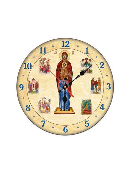Christian Custom Wooden Wall Clock Virgin Mary icon, Greek Handmade Wooden Orthodox Clock, Byzantine art wall hanging religious gift - TheHolyArt