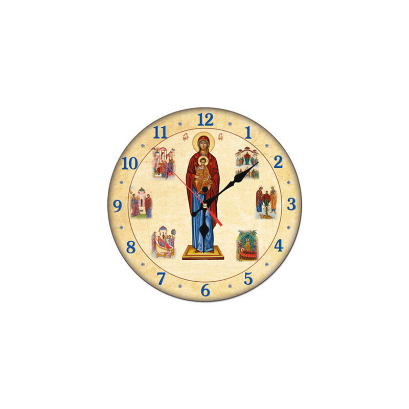 Christian Custom Wooden Wall Clock Virgin Mary icon, Greek Handmade Wooden Orthodox Clock, Byzantine art wall hanging religious gift TheHolyArt