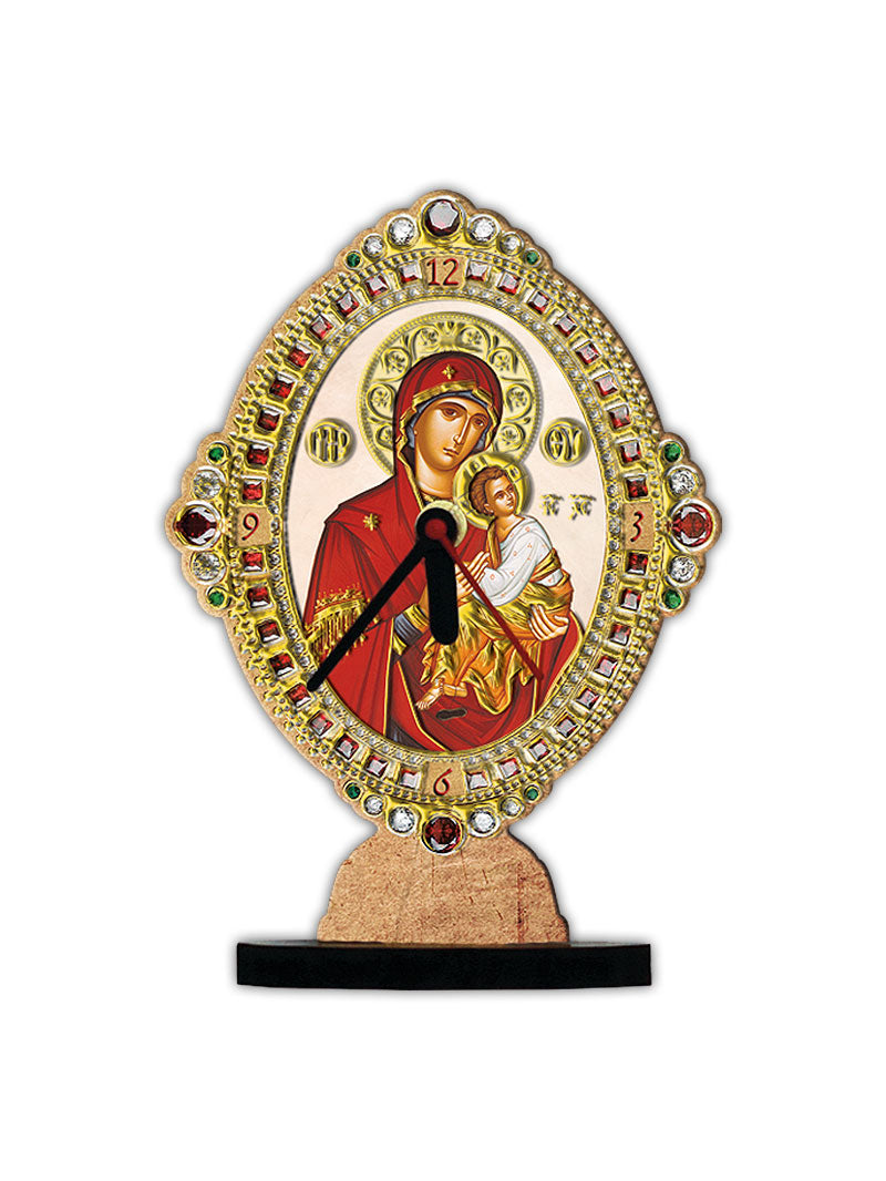 Christian Custom Table Clock Virgin Mary Icon, Handmade Wooden Orthodox Greek Clock Embossed Gold print religious gift home decor TheHolyArt