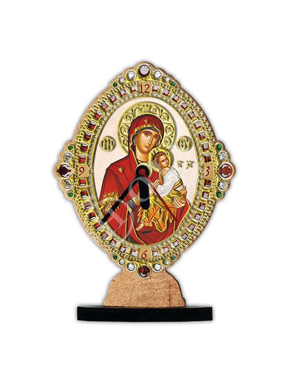 Christian Custom Table Clock Virgin Mary Icon, Handmade Wooden Orthodox Greek Clock Embossed Gold print religious gift home decor - TheHolyArt