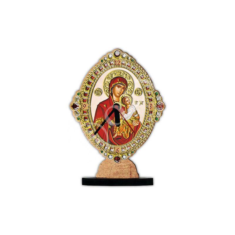 Christian Custom Table Clock Virgin Mary Icon, Handmade Wooden Orthodox Greek Clock Embossed Gold print religious gift home decor TheHolyArt