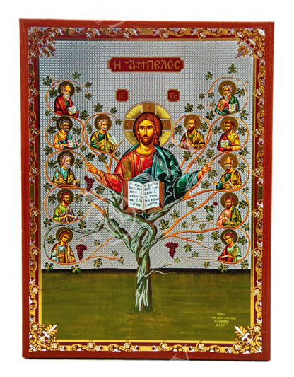 Jesus Christ icon with Apostles, Ampelos True Vine handmade Greek Orthodox icon, Byzantine art wall hanging on wood plaque, religious decor - TheHolyArt
